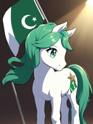 Size: 720x956 | Tagged: source needed, safe, ai content, derpibooru import, machine learning generated, oc, oc only, pony, green eyes, green mane, nation ponies, pakistan, ponified, prompter needed, solo, species swap