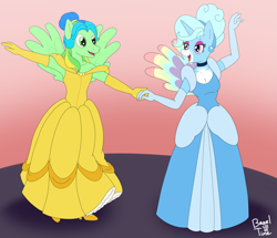 Size: 3857x3315 | Tagged: safe, artist:bageloftime, derpibooru import, oc, oc only, oc:jemimasparkle, oc:thunder dancer, anthro, pony, ballroom, beauty and the beast, belle, breasts, busty oc, cinderella, clothes, commission, dancing, dancing together, dress, evening gloves, eyeshadow, female, gloves, gown, hair bun, hairband, holding hands, lesbian, lidded eyes, long gloves, looking at each other, looking at someone, makeup, mare, open mouth, open smile, poofy shoulders, smiling, smiling at each other, spread wings, wings