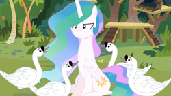 Size: 1920x1080 | Tagged: safe, artist:forgalorga, derpibooru import, princess celestia, alicorn, bird, pony, swan, annoyed, off model, outdoors, princess celestia loves to help, swanlestia, wavy mane