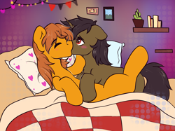 Size: 2189x1640 | Tagged: safe, artist:kristina, derpibooru import, oc, oc only, oc:zip circuit, earth pony, pony, unicorn, commission, community related, couple, duo, duo male, gay, horn, kissing, male, oc x oc, shipping, ych result