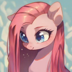 Size: 922x922 | Tagged: safe, ai content, derpibooru import, generator:purplesmart.ai, generator:stable diffusion, machine learning assisted, machine learning generated, pinkie pie, earth pony, pony, g4, anime style, big eyes, blue background, blue eyes, blushing, cute, ear fluff, ears, long hair, pink mane, pinkamena diane pie, prompter:saltyvity, sad, simple background, smiling, solo, sparkles