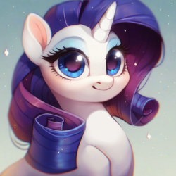 Size: 921x920 | Tagged: safe, ai content, derpibooru import, generator:purplesmart.ai, generator:stable diffusion, machine learning assisted, machine learning generated, rarity, pony, unicorn, g4, big eyes, blue background, blue eyes, blushing, cute, detailed eyes, horn, looking at you, makeup, prompter:saltyvity, purple mane, simple background, smiling, smiling at you, solo, sparkles