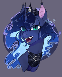 Size: 2626x3271 | Tagged: safe, artist:millman;, derpibooru import, princess luna, alicorn, bat pony, bat ponified, bust, fangs, halloween, holiday, looking at you, portrait, race swap, slit eyes, solo