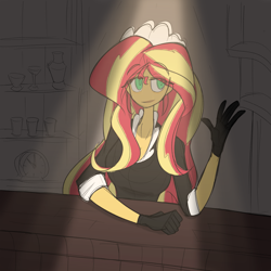 Size: 4425x4425 | Tagged: safe, artist:willowcatkin, derpibooru import, sunset shimmer, human, equestria girls, g4, bar, clothes, gloves, maid, solo