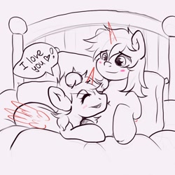 Size: 1280x1280 | Tagged: safe, derpibooru import, oc, oc only, alicorn, earth pony, pegasus, pony, unicorn, bed, commission, community related, couple, cute, duo, horn, love, pillow, ych example, ych sketch, your character here