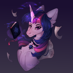 Size: 1500x1500 | Tagged: safe, alternate version, artist:flightless birdie, artist:ptichorbirdie, derpibooru import, twilight sparkle, twilight sparkle (alicorn), alicorn, pony, g4, book, bust, choker, ear fluff, ears, female, gradient background, jewelry, magic, mare, necklace, scroll, solo, telekinesis, thin