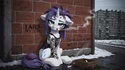 Size: 3840x2160 | Tagged: safe, ai content, derpibooru import, generator:pony diffusion v6 xl, generator:stable diffusion, machine learning assisted, rarity, unicorn, alternate hairstyle, chest fluff, cigarette, cyrillic, ear fluff, ears, floppy ears, gangster, gopnik, graffiti, horn, lidded eyes, looking at you, outdoors, prompter:midnight dashie, prompter:ramprover, rain, russia, russian, sitting, smoking, smug, snow, tattoo