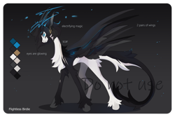 Size: 1024x683 | Tagged: safe, artist:ptichorbirdie, derpibooru import, oc, oc only, pony, adoptable, chest fluff, concave belly, curved horn, ear piercing, earring, gradient background, horn, horns, jewelry, leonine tail, magic, multiple wings, piercing, slender, solo, tail, thin, unshorn fetlocks, wings