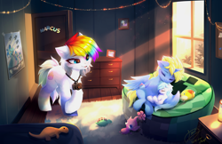 Size: 6169x4000 | Tagged: safe, artist:empress-twilight, derpibooru import, oc, oc only, earth pony, pegasus, pony, camera, commission, crepuscular rays, indoors, pegasus oc, picture frame, toy, trio, window, ych result