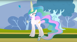 Size: 1680x932 | Tagged: safe, artist:forgalorga, derpibooru import, princess celestia, alicorn, butterfly, pony, concave belly, outdoors, princess celestia loves to help, slender, smiling, solo, stopwatch, thin