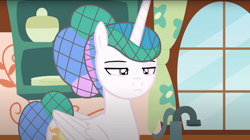 Size: 1674x936 | Tagged: safe, artist:forgalorga, derpibooru import, princess celestia, alicorn, pony, celestia is not amused, hairnet, indoors, princess celestia loves to help, solo, unamused