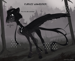 Size: 1280x1044 | Tagged: safe, artist:ptichorbirdie, derpibooru import, oc, oc only, oc:cursed wanderer, pegasus, pony, adoptable, black sclera, concave belly, crying, female, forest, glowing, glowing eyes, mare, nature, no mouth, outdoors, scar, solo, spread wings, thin, tree, wings