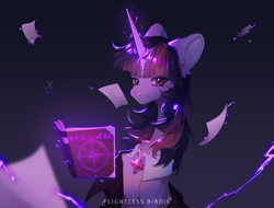 Size: 4258x3240 | Tagged: safe, artist:flightless birdie, artist:ptichorbirdie, derpibooru import, twilight sparkle, unicorn twilight, pony, unicorn, g4, book, female, gradient background, looking at you, magic, mare, slender, smiling, smiling at you, solo, spellbook, telekinesis, thin