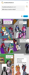 Size: 1187x3003 | Tagged: safe, artist:ask-luciavampire, derpibooru import, oc, bat pony, cat, cat pony, demon, demon pony, earth pony, original species, pegasus, pony, unicorn, ask, crushing, horn, tumblr