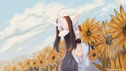 Size: 5760x3240 | Tagged: safe, artist:flightless birdie, artist:ptichorbirdie, derpibooru import, oc, oc only, alicorn, pony, alicorn oc, braid, cloud, commission, female, field, flower, horn, mare, sky, slender, solo, sunflower, thin, wings, ych result