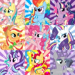 Size: 1080x1080 | Tagged: artist needed, safe, derpibooru import, applejack, fluttershy, maud pie, pinkie pie, rainbow dash, rarity, starlight glimmer, sunset shimmer, twilight sparkle, twilight sparkle (alicorn), alicorn, earth pony, pegasus, pony, unicorn, g4, horn, rainbow power, rainbow power-ified, sunburst background