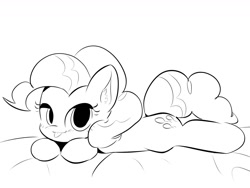 Size: 1440x1080 | Tagged: safe, artist:moppyshine, derpibooru import, pinkie pie, earth pony, pony, g4, blushing, female, looking at you, lying down, monochrome, simple background, solo, tongue, tongue out, white background