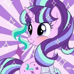 Size: 1080x1080 | Tagged: artist needed, safe, derpibooru import, starlight glimmer, blushing, rainbow power, rainbow power-ified, solo, sunburst background