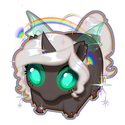 Size: 3514x3520 | Tagged: safe, artist:rrd-artist, derpibooru import, oc, oc only, oc:kitu elder, changeling, changeling queen, changeling oc, ears, ears up, eyelashes, female, gray coat, horn, insect wings, lying down, ponyloaf, prone, rainbow, shine, simple background, solo, stare, tail, teal eyes, transparent background, wings