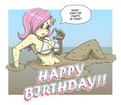 Size: 1994x1730 | Tagged: safe, artist:oldskullkid, derpibooru import, fluttershy, equestria girls, g4, belly, belly button, bikini, bikini top, birthday gift, blushing, breasts, butterfly hairpin, clothes, female, hootershy, mud, passepartout, quicksand, speech bubble, swimsuit, text