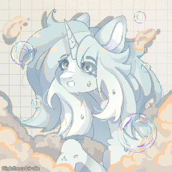 Size: 1400x1400 | Tagged: safe, artist:flightless birdie, artist:ptichorbirdie, derpibooru import, oc, oc only, pony, unicorn, bubble, commission, digital art, eye clipping through hair, eyebrows, eyebrows visible through hair, female, horn, mare, pixel art, solo, ych result