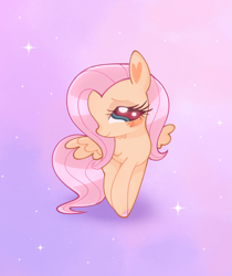 Size: 1141x1360 | Tagged: safe, artist:doodlesinky, derpibooru import, fluttershy, pegasus, abstract background, chibi, cute, female, full body, mare, shy, space, sparkles, stylized