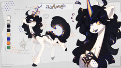 Size: 1024x576 | Tagged: safe, artist:ptichorbirdie, derpibooru import, oc, oc only, oc:demonic pact, pony, unicorn, adoptable, chest fluff, curved horn, ear piercing, earring, female, fetlock tuft, horn, jewelry, mare, piercing, reference sheet, slender, solo, sweat, thin