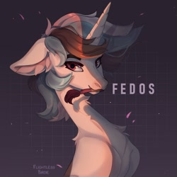 Size: 2000x2000 | Tagged: safe, artist:flightless birdie, artist:ptichorbirdie, derpibooru import, oc, oc only, pony, unicorn, abstract background, bust, horn, mouth hold, paintbrush, slender, solo, thin