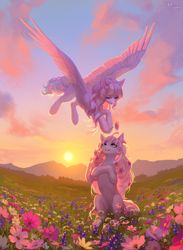 Size: 4028x5500 | Tagged: safe, artist:miurimau, derpibooru import, oc, oc only, earth pony, pegasus, pony, duo, earth pony oc, field, flower, flower in hair, flying, outdoors, pegasus oc, sunset