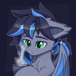 Size: 3072x3072 | Tagged: safe, artist:keupoz, derpibooru import, oc, oc only, oc:midnight aegis, bat pony, pony, abstract background, bags under eyes, bat pony oc, bat wings, cheek fluff, chest fluff, commission, cup, eyebrows, eyebrows visible through hair, holding, solo, steam, wings