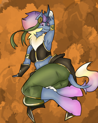 Size: 1080x1350 | Tagged: safe, artist:susfully_inspired, derpibooru import, oc, oc only, oc:pasteldusk, anthro, kirin, croptop, dressuptober2024, gradient background, gradient hooves, gradient mane, kirin oc, pinup, pose, solo