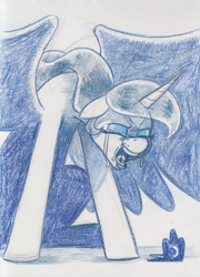 Size: 1200x1671 | Tagged: safe, artist:saturdaymorningproj, derpibooru import, princess luna, alicorn, pony, g4, colored pencil drawing, crown, crying, ears, female, floppy ears, jewelry, mare, open mouth, regalia, sad, sitting, solo, spread wings, traditional art, wings