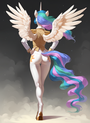 Size: 2048x2816 | Tagged: safe, ai content, derpibooru import, generator:pony diffusion v6 xl, generator:stable diffusion, machine learning generated, princess celestia, alicorn, anthro, unguligrade anthro, g4, ass, butt, clothes, epaulettes, female, hand on hip, horn, mare, military uniform, prompter:star-dragon, rear view, solo, spread wings, sunbutt, tight clothing, uniform, wings