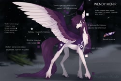 Size: 2560x1707 | Tagged: safe, artist:flightless birdie, derpibooru import, oc, oc only, oc:wendy menir, pegasus, pony, chest fluff, colored wings, colored wingtips, concave belly, cyrillic, female, hairclip, jewelry, mare, reference sheet, slender, solo, spread wings, thin, tongue, tongue out, unshorn fetlocks, wings