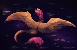 Size: 2560x1664 | Tagged: safe, artist:flightless birdie, artist:ptichorbirdie, derpibooru import, oc, oc only, pegasus, pony, leonine tail, lilypad, outdoors, solo, spread wings, tail, water, wings