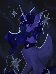 Size: 1417x1889 | Tagged: safe, artist:flightless birdie, artist:ptichorbirdie, derpibooru import, princess luna, alicorn, pony, g4, abstract background, concave belly, eyes closed, female, mare, missing accessory, peytral, slender, solo, stars, thin