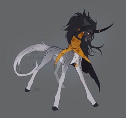 Size: 1962x1836 | Tagged: safe, artist:flightless birdie, artist:somorai, derpibooru import, oc, oc only, pony, unicorn, adoptable, cape, clothes, concave belly, curved horn, gray background, horn, horn ring, jewelry, necklace, ring, simple background, slender, solo, thin