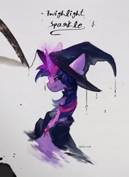 Size: 1861x2560 | Tagged: safe, artist:flightless birdie, artist:ptichorbirdie, derpibooru import, twilight sparkle, pony, g4, cape, clothes, female, hat, magic, mare, slender, solo, thin, tongue, tongue out, witch costume, witch hat