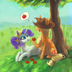 Size: 2048x2048 | Tagged: safe, artist:baccizoof, derpibooru import, applejack, rarity, earth pony, pony, unicorn, g4, apple, apple tree, bandana, bucktooth, duo, female, food, horn, lesbian, lying down, mare, outdoors, prone, rarijack, shipping, sitting, tree