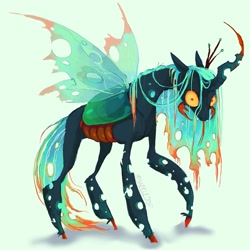 Size: 2048x2048 | Tagged: safe, artist:baccizoof, derpibooru import, queen chrysalis, changeling, changeling queen, pony, g4, alternate design, curved horn, female, horn, mandibles, simple background, solo, spread wings, wings