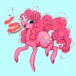 Size: 2048x2048 | Tagged: safe, artist:baccizoof, artist:ridgebacc, derpibooru import, pinkie pie, earth pony, pony, g4, blue background, cake, female, food, jumping, mare, mouth hold, simple background, solo