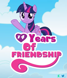 Size: 1280x1486 | Tagged: safe, artist:kuren247, derpibooru import, twilight sparkle, alicorn, pony, g4, cloud, female, logo parody, looking at you, mare, mlp fim's fourteenth anniversary, outdoors, sky background, smiling, solo, text, waving