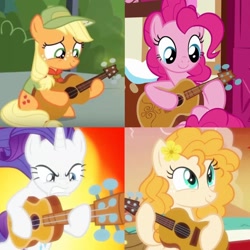 Size: 1280x1280 | Tagged: safe, derpibooru import, edit, edited screencap, screencap, applejack, pear butter, pinkie pie, rarity, earth pony, pony, unicorn, g4, honest apple, the mane attraction, the perfect pear, bipedal, female, filly, foal, guitar, horn, mare, musical instrument, younger