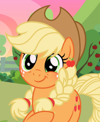 Size: 1080x1317 | Tagged: safe, artist:cstrawberrymilk, derpibooru import, applejack, earth pony, pony, g4, applejack's hat, braid, braided tail, clothes, cowboy hat, cute, daaaaaaaaaaaw, female, hat, jackabetes, outdoors, solo, tail