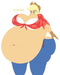 Size: 1280x1584 | Tagged: safe, artist:miss-britt, artist:robmaul02, derpibooru import, applejack, equestria girls, g4, applefat, applerack, belly, belly button, belt, big belly, big breasts, bra, breasts, clothes, fat, female, freckles, hat, huge belly, huge breasts, morbidly obese, obese, shirt, tight clothing, underwear