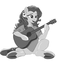 Size: 4000x4000 | Tagged: safe, artist:irschy, derpibooru import, earth pony, pony, semi-anthro, clothes, ear piercing, earring, female, guitar, hoof hands, inktober, inktober 2024, jewelry, mare, monochrome, musical instrument, open mouth, piercing, shirt, simple background, solo, underhoof