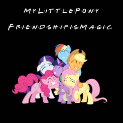 Size: 1280x1280 | Tagged: safe, artist:mlpfan3991, derpibooru import, applejack, fluttershy, pinkie pie, rainbow dash, rarity, spike, twilight sparkle, twilight sparkle (alicorn), alicorn, dragon, earth pony, pegasus, pony, unicorn, g4, black background, f.r.i.e.n.d.s, female, horn, hug, male, mane seven, mane six, simple background, wingless spike