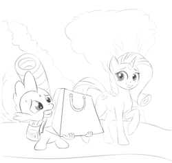 Size: 2905x2755 | Tagged: safe, artist:irschy, derpibooru import, rarity, spike, dragon, pony, unicorn, g4, backpack, bag, carrying, duo, duo male and female, female, horn, male, mare, sketch, wingless spike