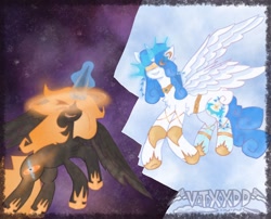 Size: 1280x1034 | Tagged: safe, artist:vtxxdd, derpibooru import, oc, oc only, oc:breezing supernovae, oc:gargantua, alicorn, pony, accretion disk, alicorn oc, armor, black hole, black hole pony, blindfold, crying, evil smile, flying, glowing, glowing horn, halo, horn, horn blade, open mouth, ponified, sharp teeth, smiling, space, species swap, spread wings, teeth, wings