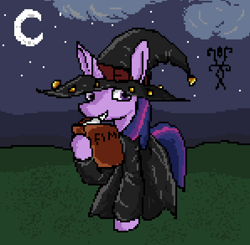 Size: 596x584 | Tagged: safe, artist:damset, derpibooru import, twilight sparkle, alicorn, unicorn, g4, book, clothes, cloud, digital art, female, horn, mlp fim's fourteenth anniversary, moon, ms paint, night, nightmare night, pixel art, solo, stars, witch